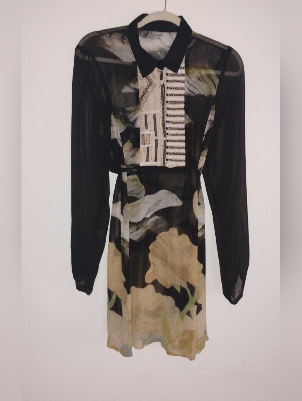 Sheer Black Floral Long-Sleeve Dress with Cream Accents